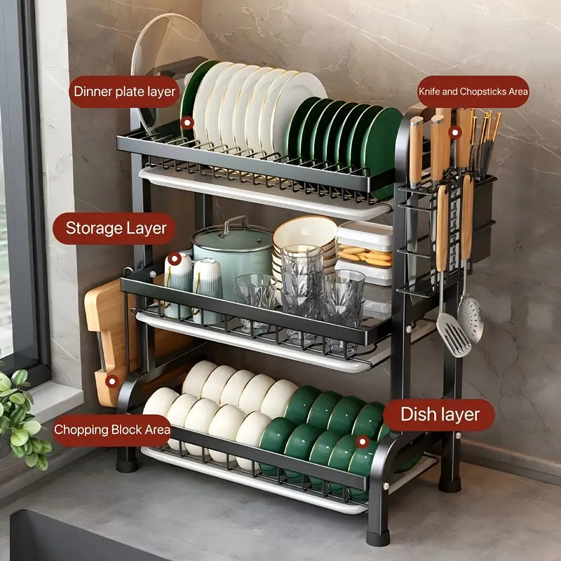 Escurridor de Platos Triple Nivel de Acero al Carbono