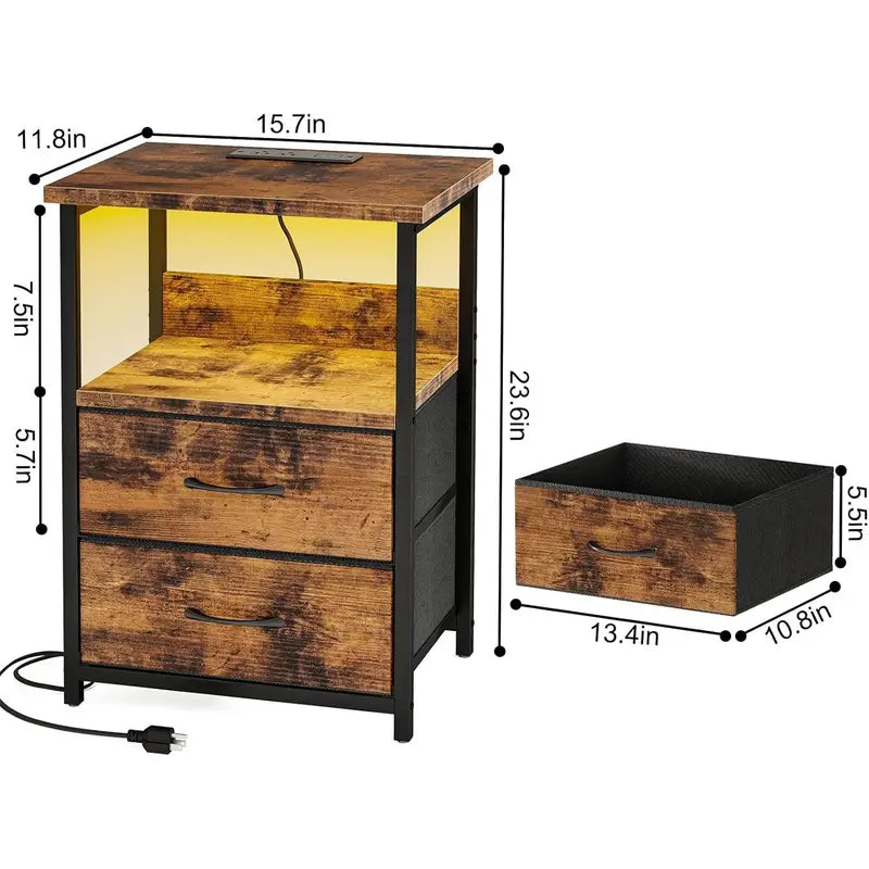 Mesita de Noche Moderna con Puertos USB y Cajones de Tela