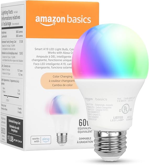 Bombilla LED Inteligente Amazon Basics A19 – Cambio de Color (Wi-Fi, 800 lúmenes, compatible con Alexa)