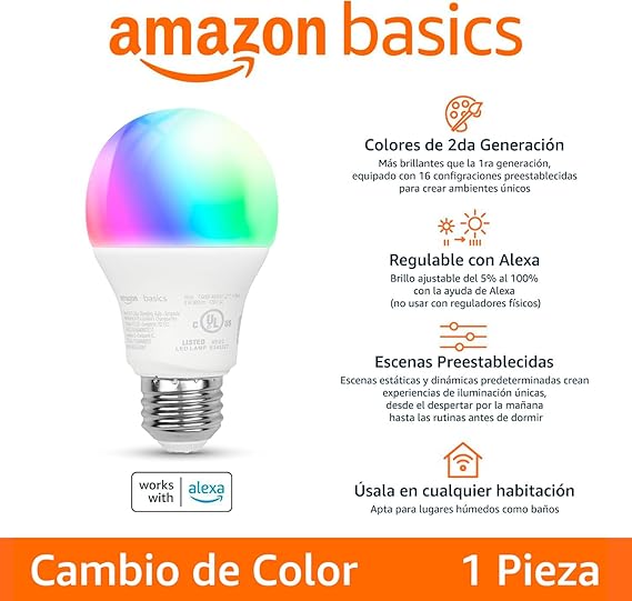 Bombilla LED Inteligente Amazon Basics A19 – Cambio de Color (Wi-Fi, 800 lúmenes, compatible con Alexa)